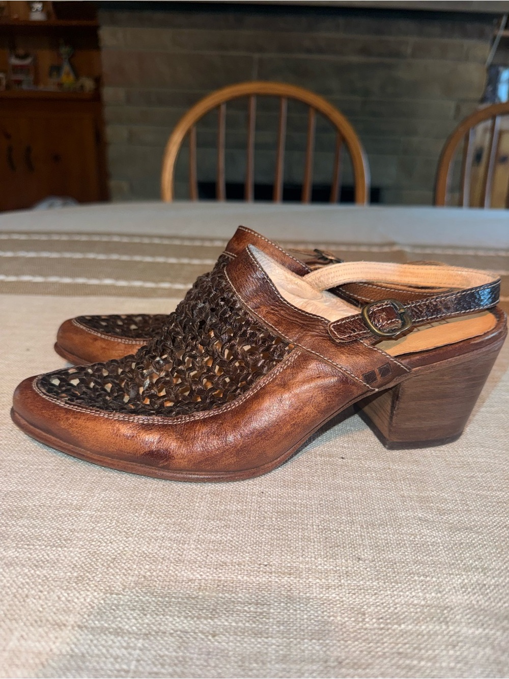 Bed Stu Brown Braided Leather Slingback Mules